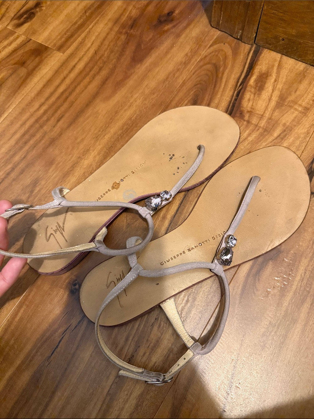 Giuseppe Zanotti Beige Crystal T-Strap Flat Sandals